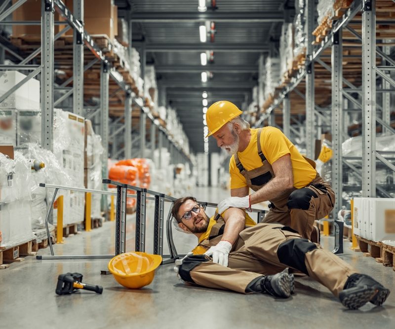one warehouse worker helping another warehouse worker after fall