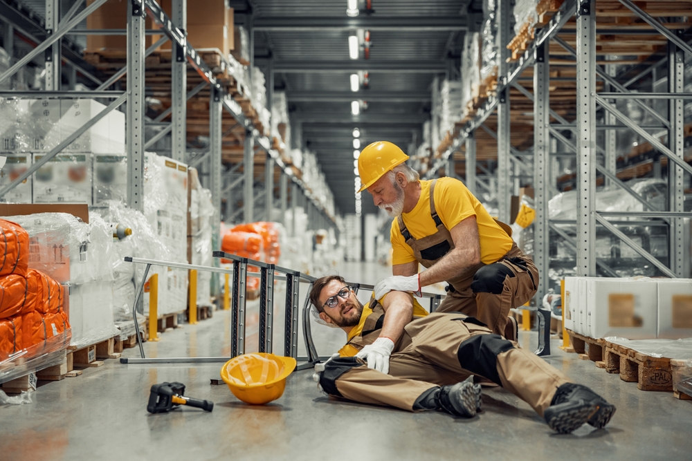 one warehouse worker helping another warehouse worker after fall