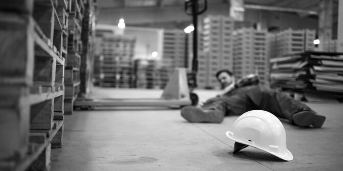 Warehouse employee laying on ground after work injury