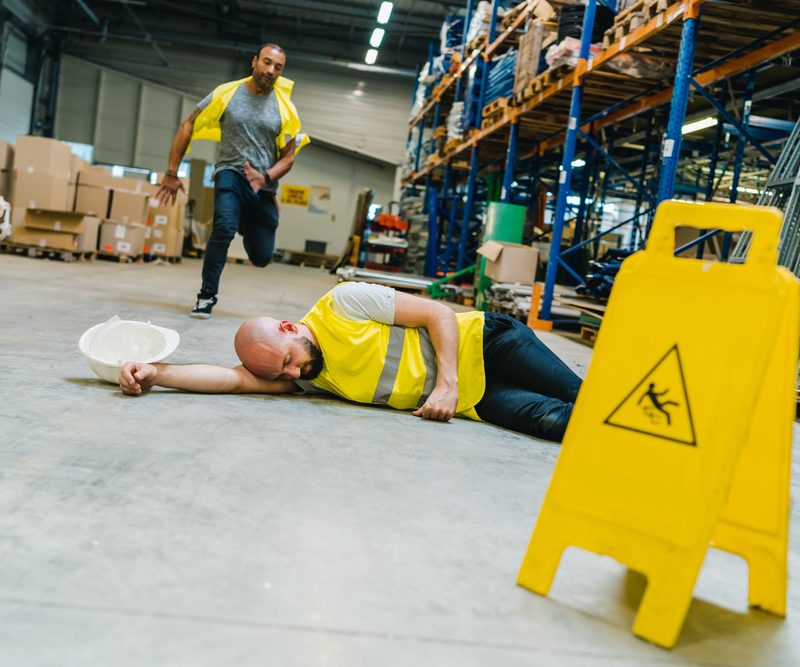 Warehouse employee fallen on floor after injury with supervisor running towards him