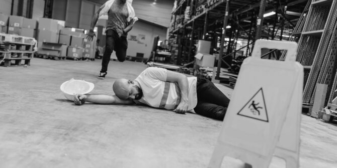 Warehouse employee fallen on floor holding helmet with injury