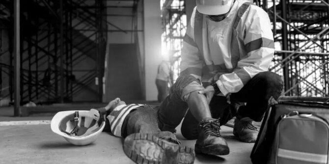 construction-employee-injured-and-laying-on-floor-with-hardhat-and-employee-trying-to-help