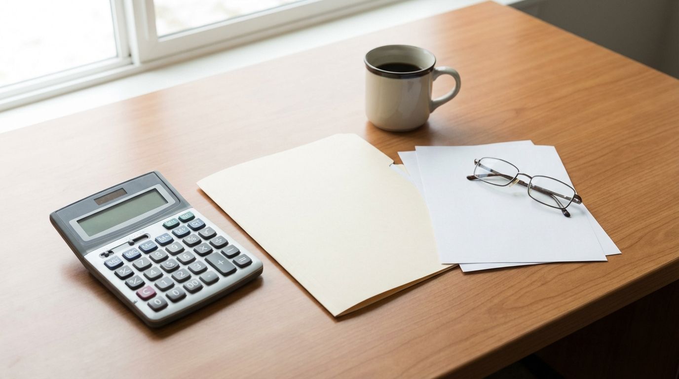 Calculator, file folder, papers, eyeglasses, and coffee mug on office desk