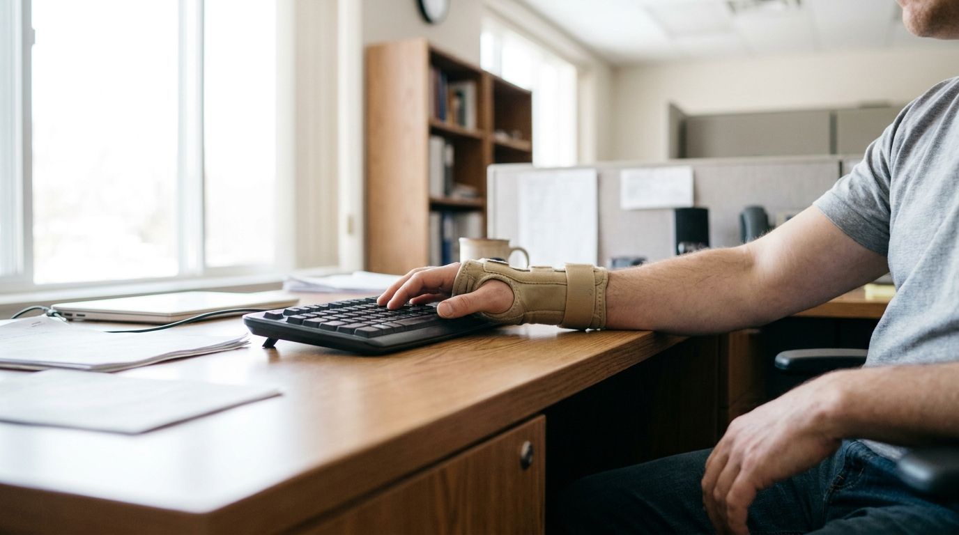 worker wearing wrist brace typing on keyboard at office desk