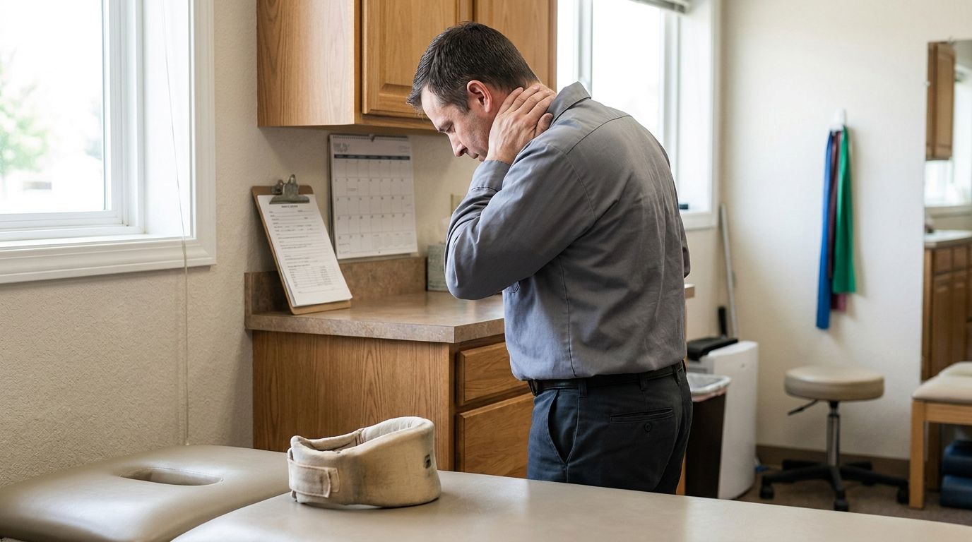 man holding neck in pain standing in medical exam room with cervical collar