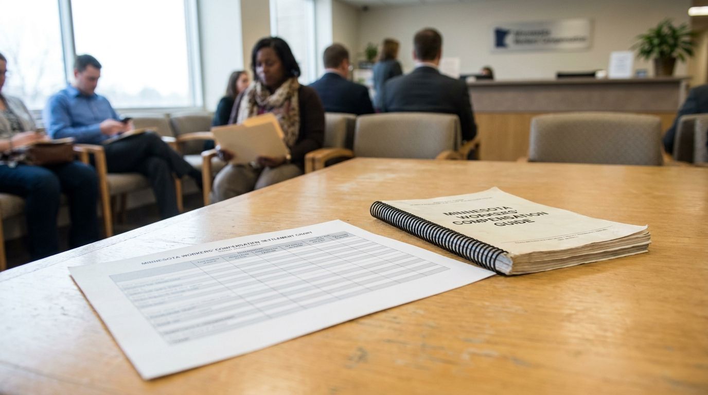 Minnesota Workers' Compensation Guide and settlement chart on table in waiting room