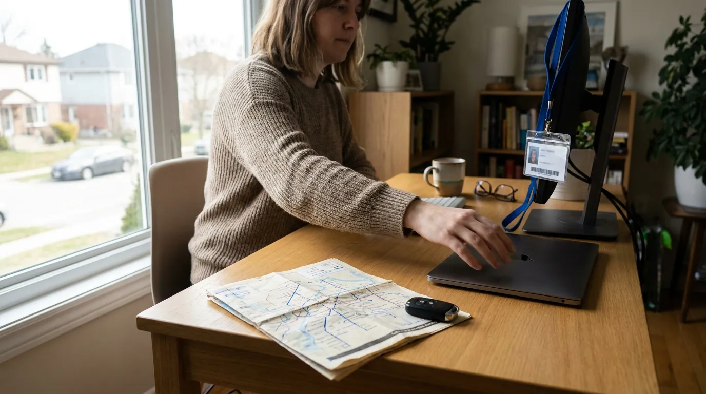 woman at desk with paper map, car key, ID badge, and laptop