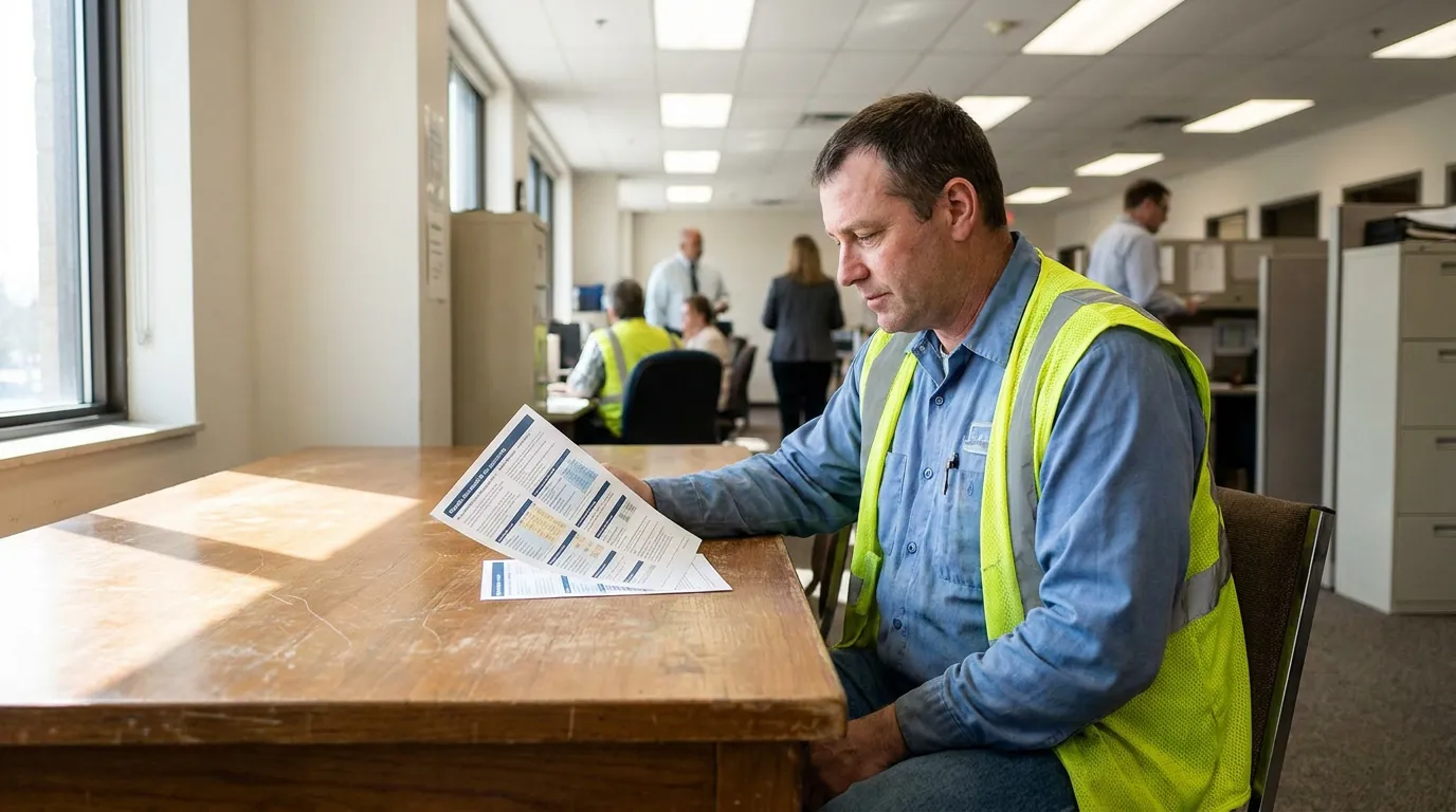 construction worker in safety vest reading documents at office desk
