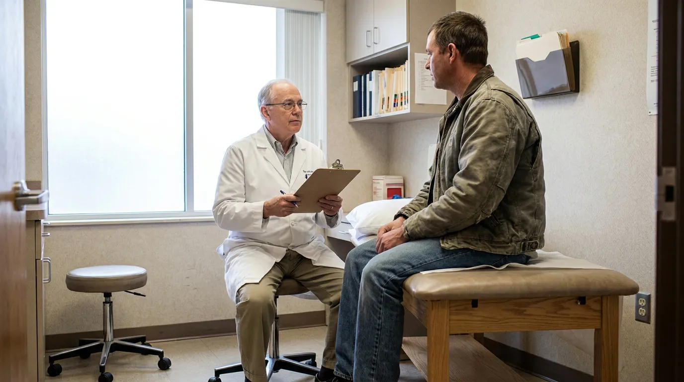 physician in lab coat holding clipboard consulting male patient on examination table