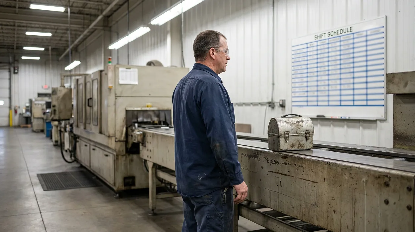 factory worker standing near industrial machinery beside shift schedule board