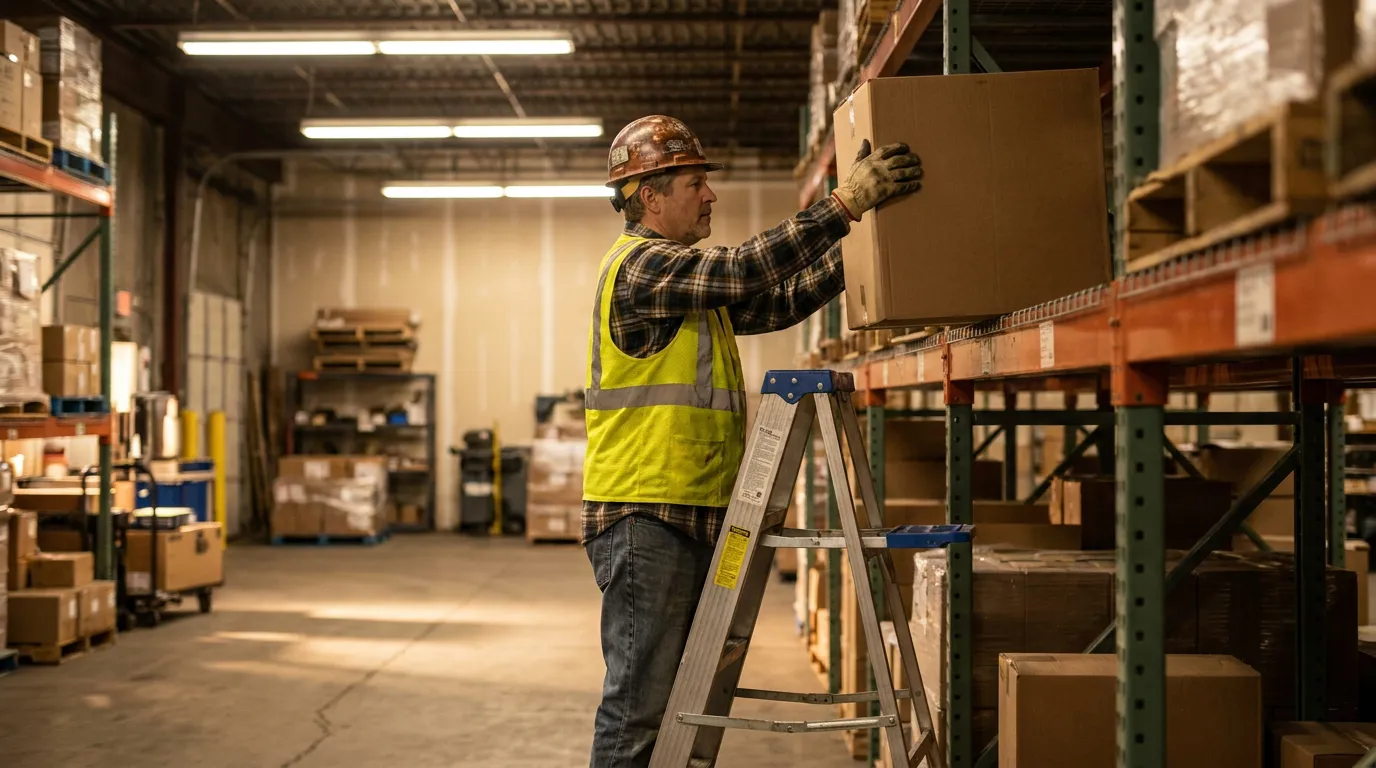 warehouse worker in hard hat and safety vest lifting box on ladder