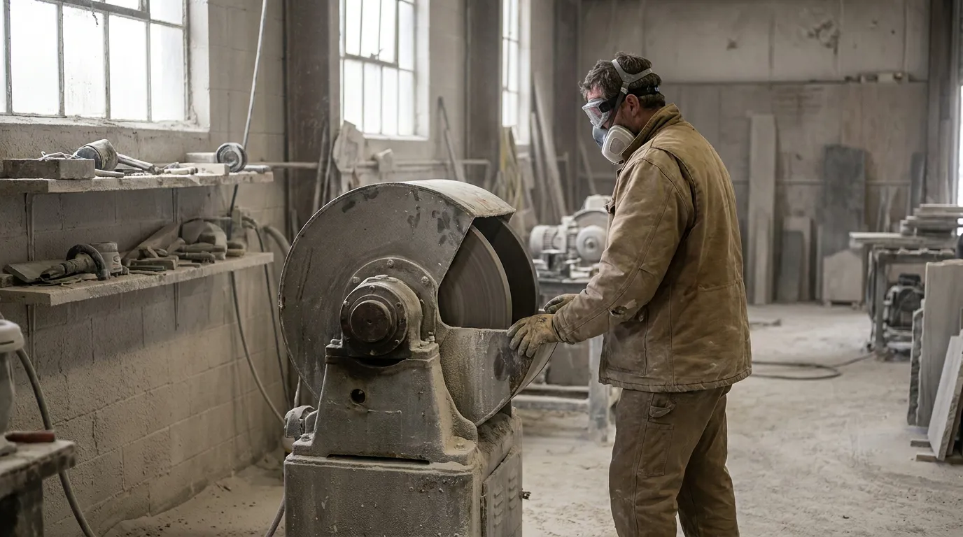 worker wearing respirator and goggles operating industrial grinding machine in dusty workshop