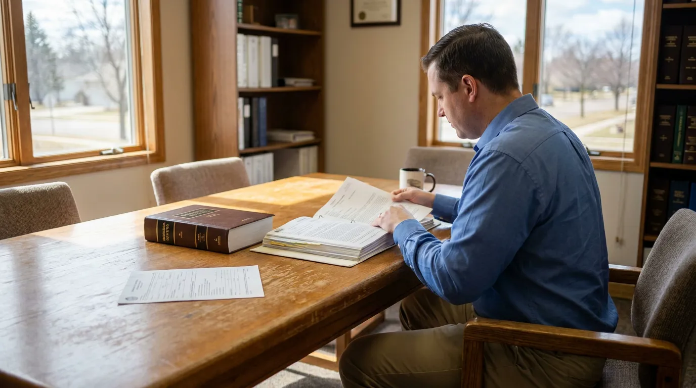 attorney reviewing legal documents and law book at wooden conference table