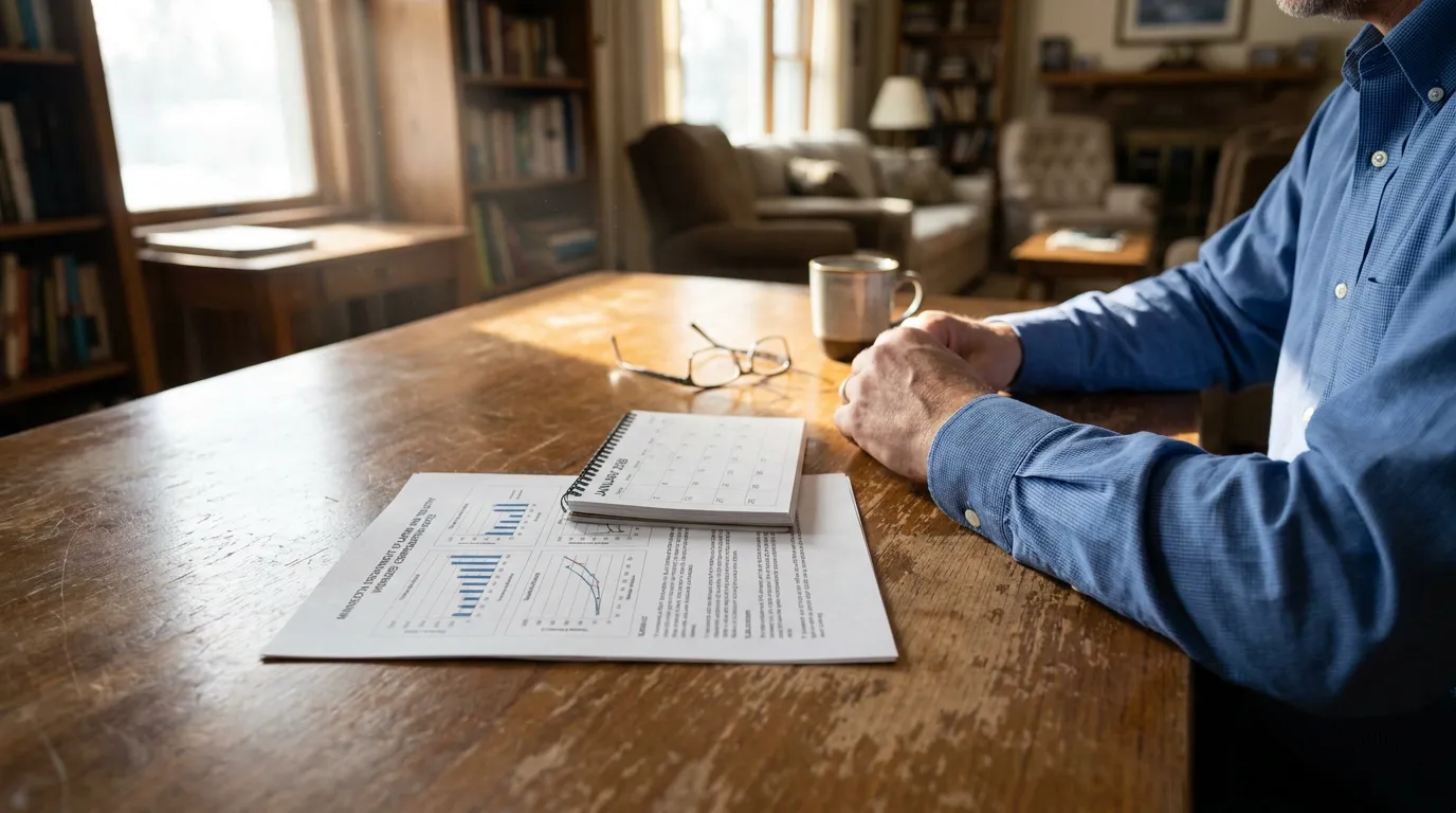 man seated at wooden desk with printed charts, calendar, and eyeglasses