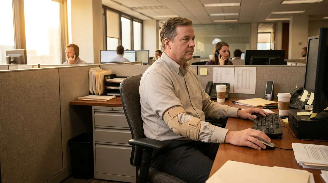 office worker wearing elbow brace typing at computer in open cubicle workspace