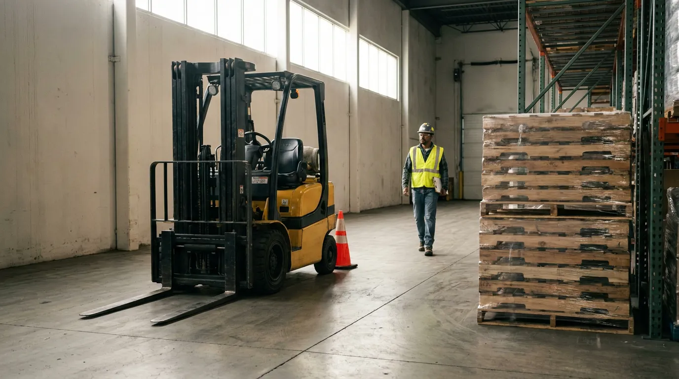 warehouse worker in hard hat and safety vest walking near parked forklift and traffic cone