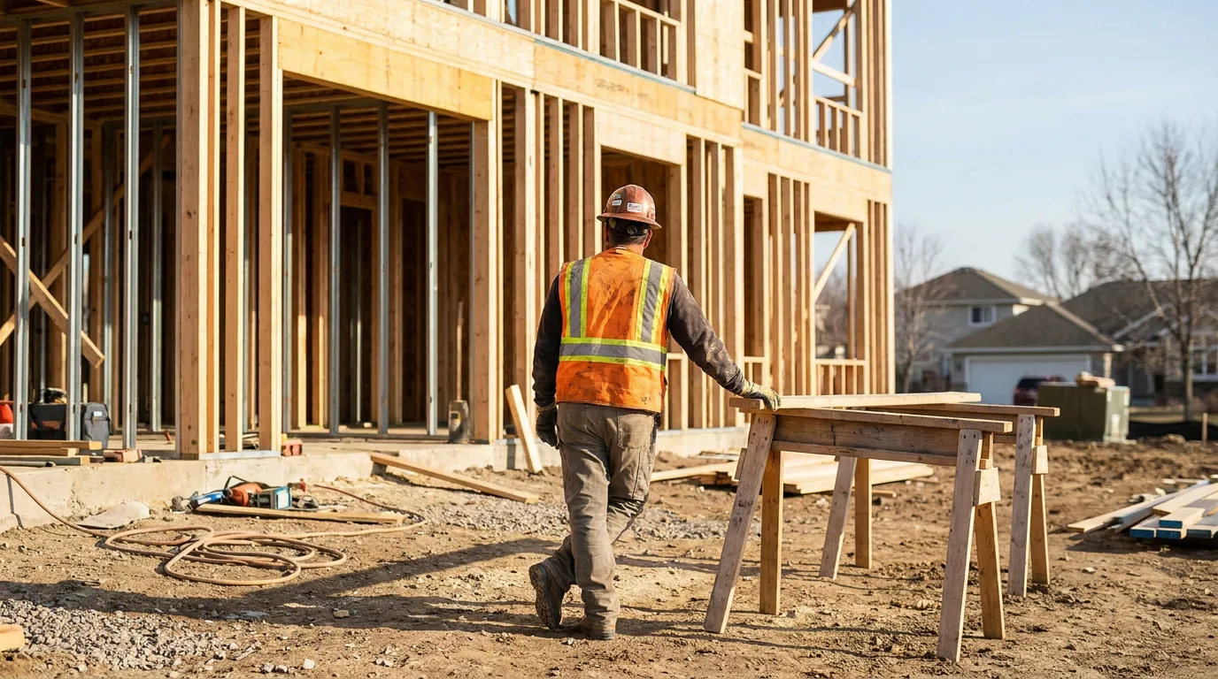 construction worker in hard hat and safety vest carrying lumber at framed building site