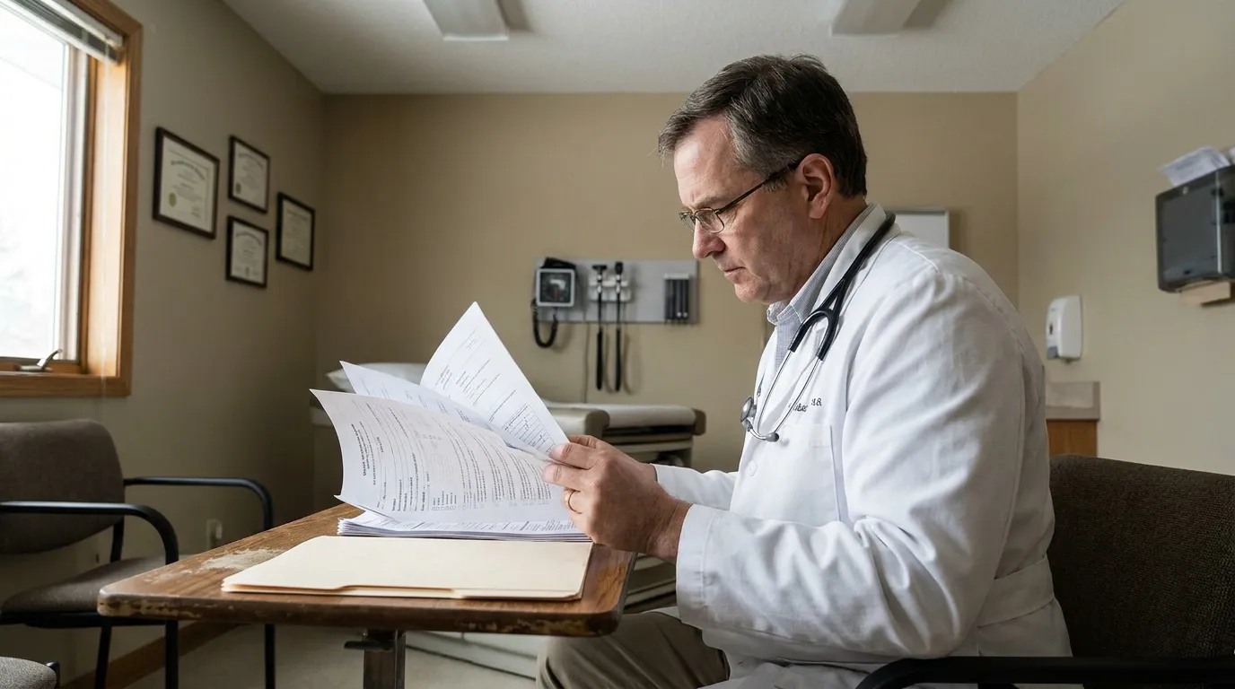 physician with stethoscope reviewing medical documents in clinical examination room