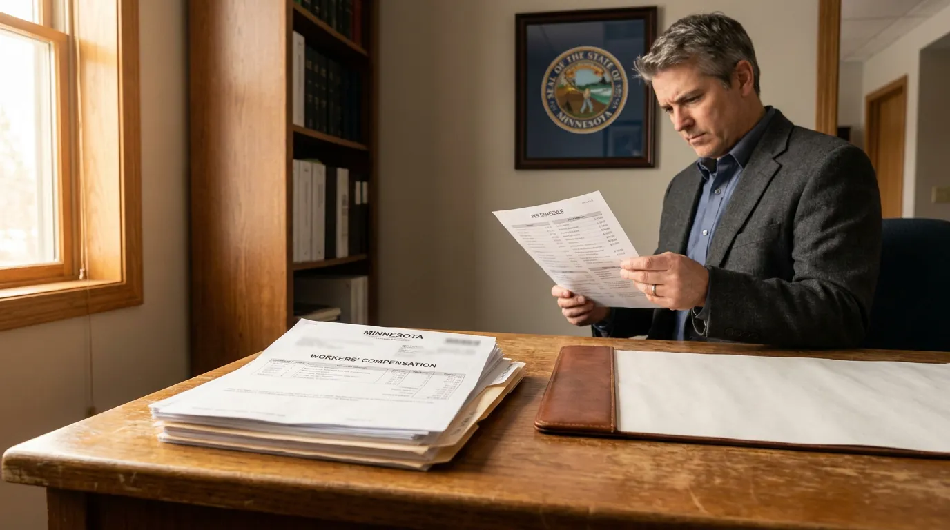 attorney reviewing Minnesota Workers' Compensation documents at office desk with state seal