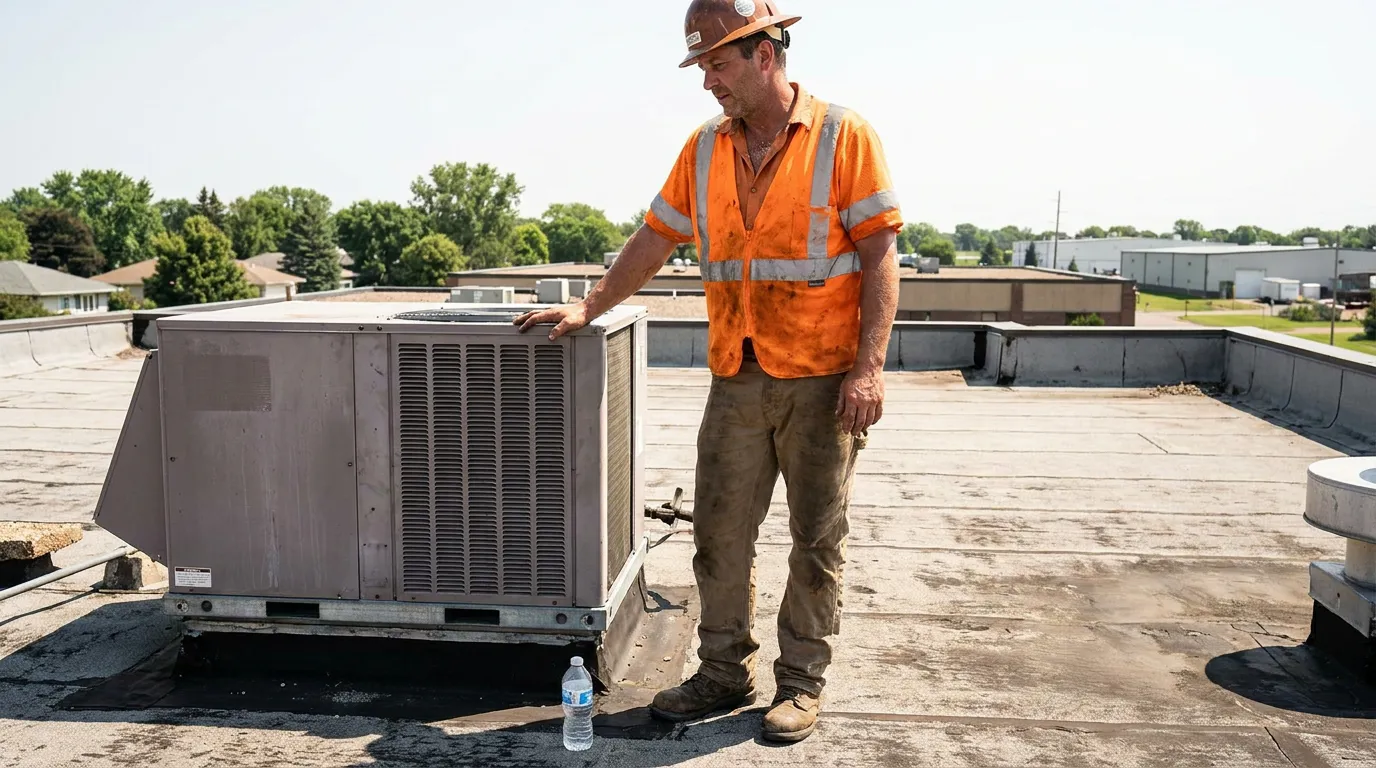 construction worker in hard hat inspecting rooftop HVAC unit on flat roof