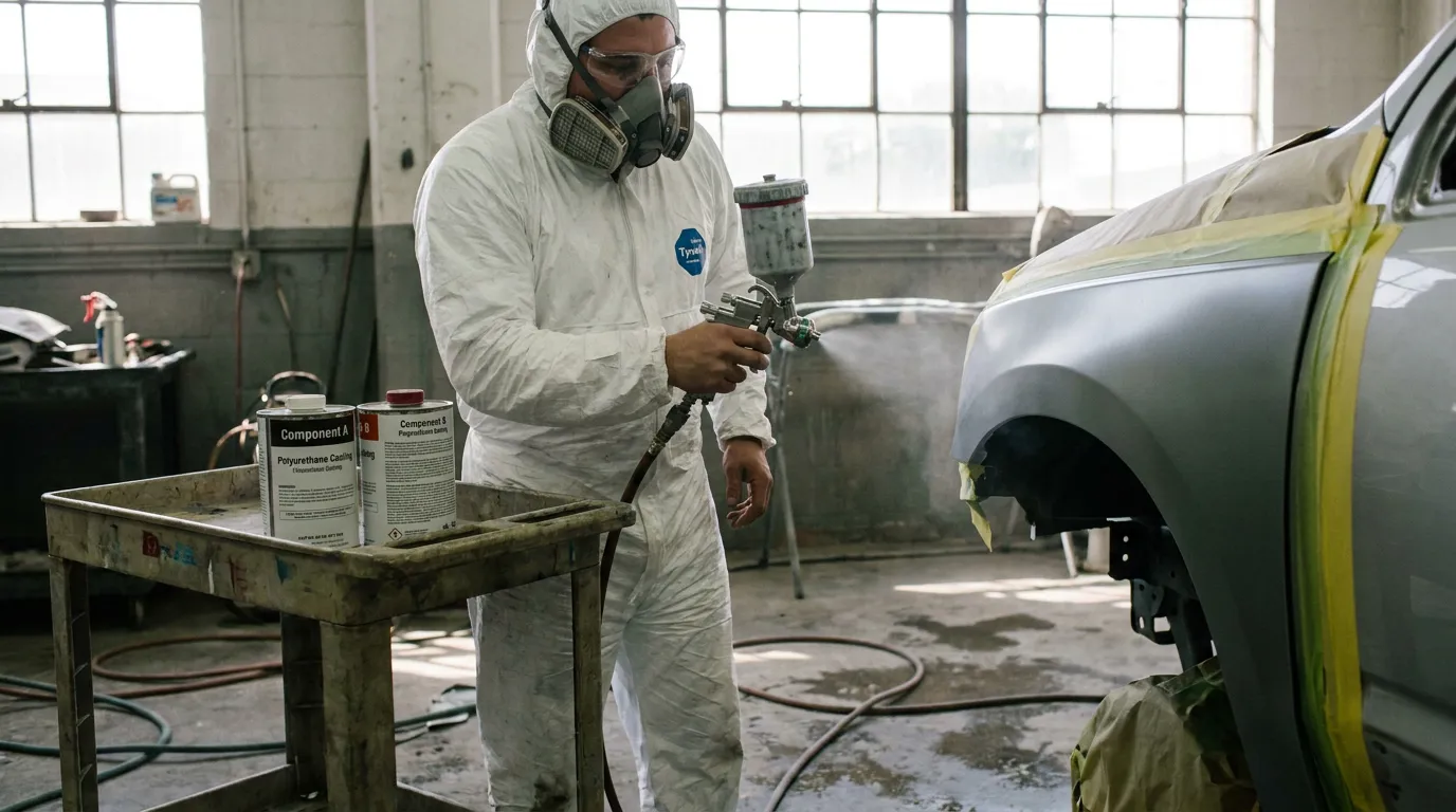 worker in Tyvek suit and respirator spray painting vehicle body panel in auto shop