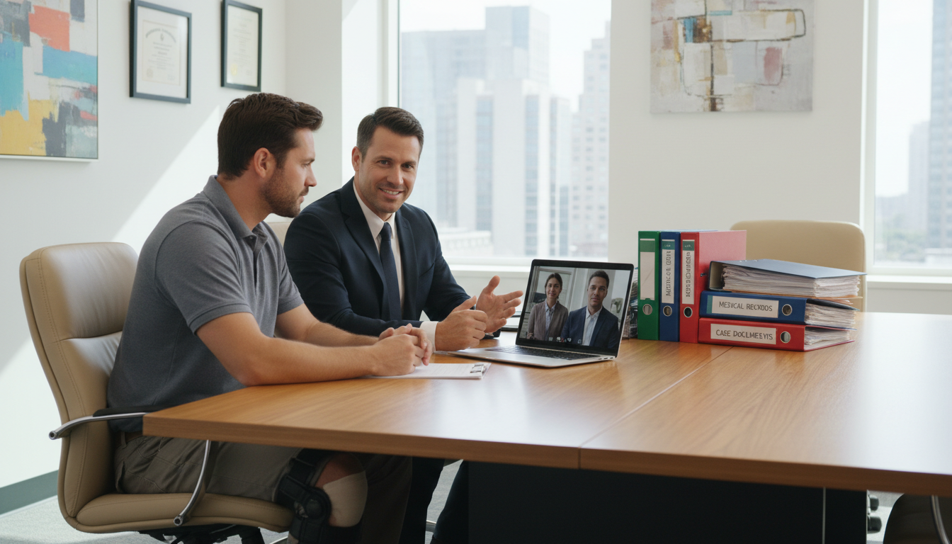 Injured worker and attorney attending a video administrative conference