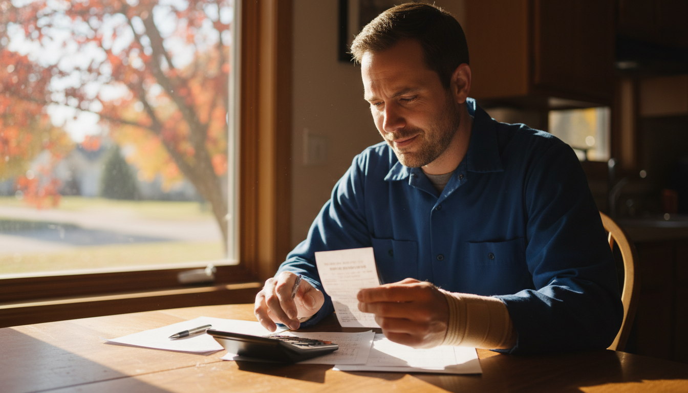 Injured worker reviewing a benefit check and calculator at a kitchen table