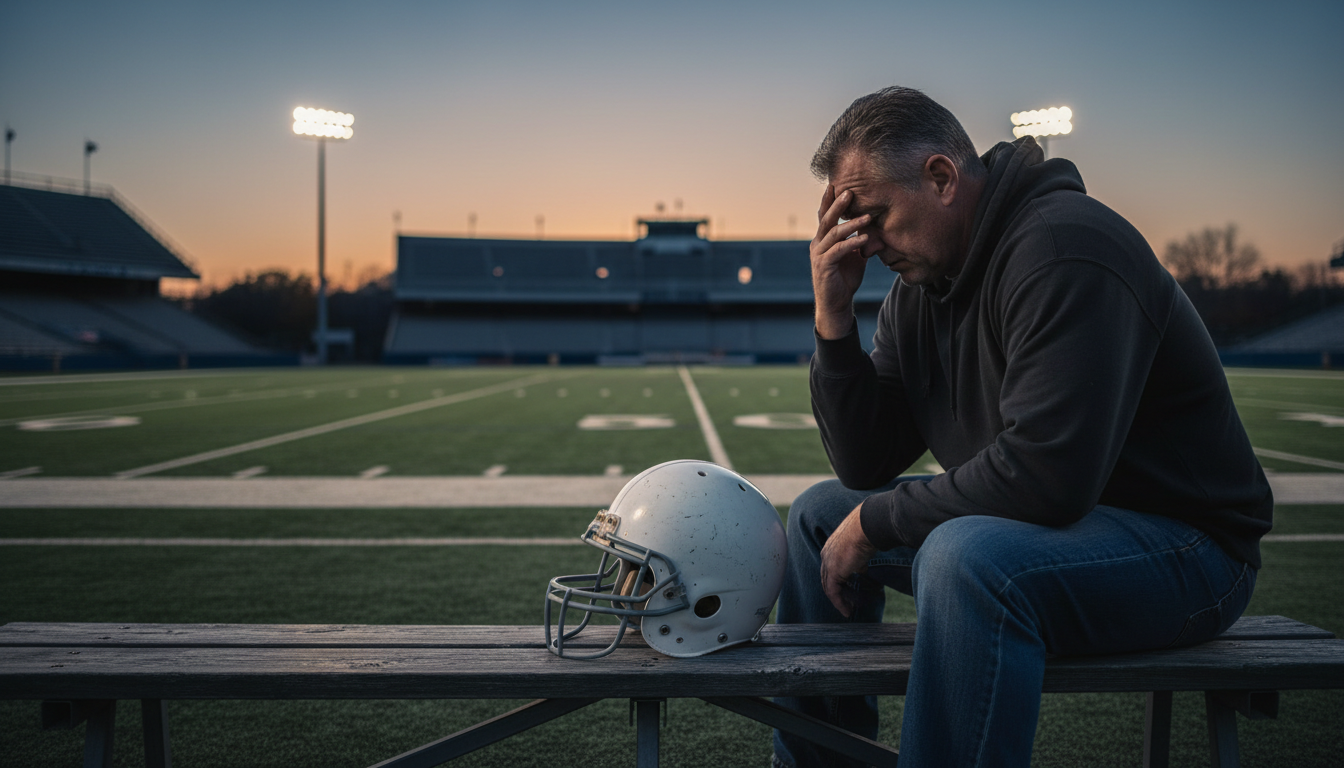 Retired football player sitting beside an empty field at dusk with an old helmet
