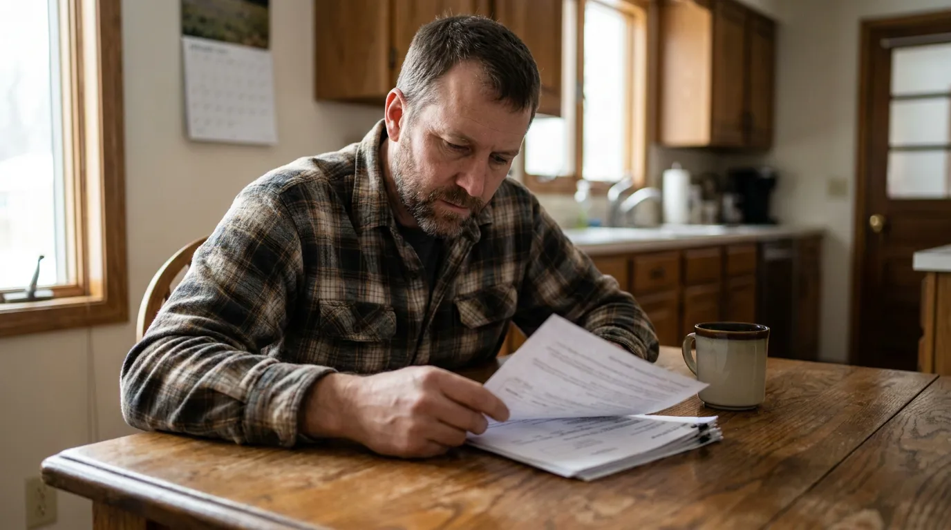 middle-aged man reviewing legal documents at kitchen table with coffee mug