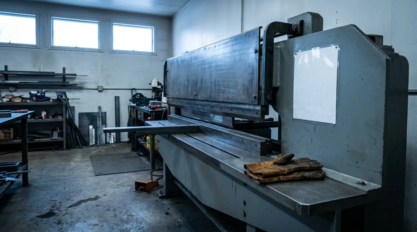 industrial metal press brake machine with leather work gloves in manufacturing facility