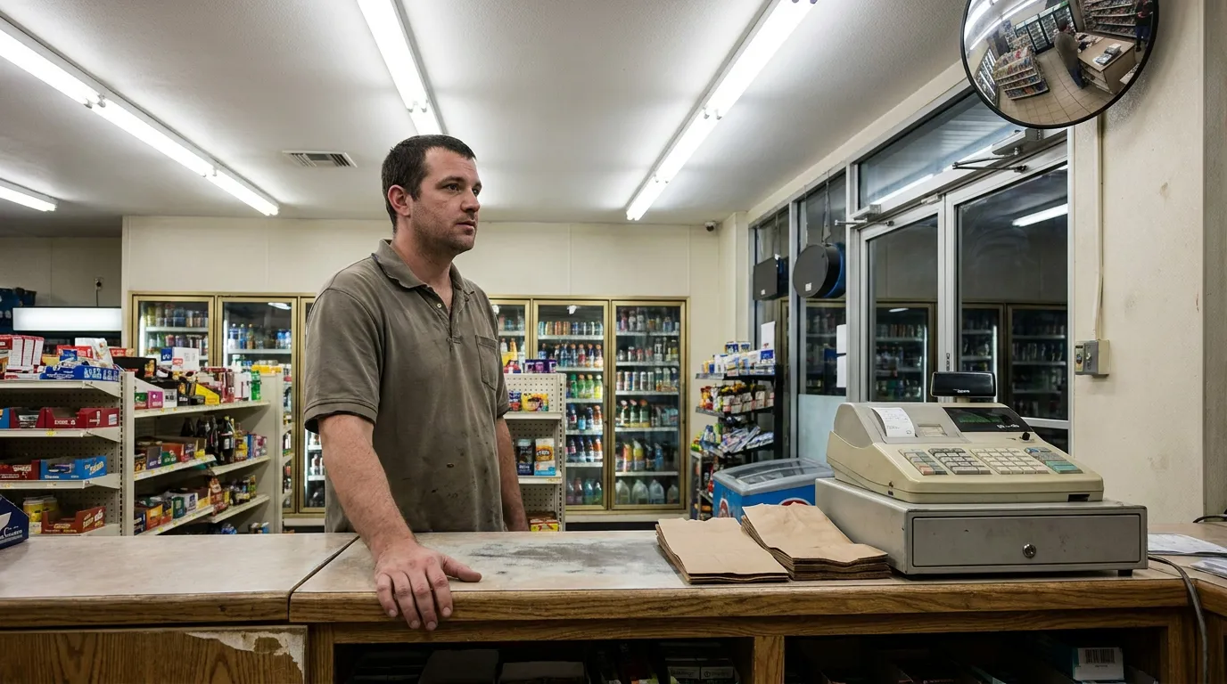 Convenience store clerk standing behind counter near cash register and security mirror