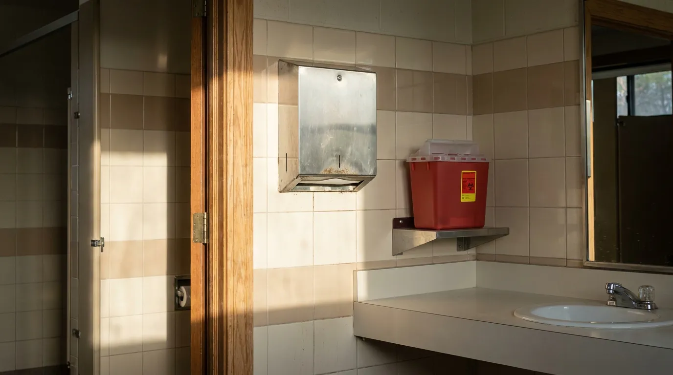 biohazard sharps disposal container mounted on shelf above bathroom sink